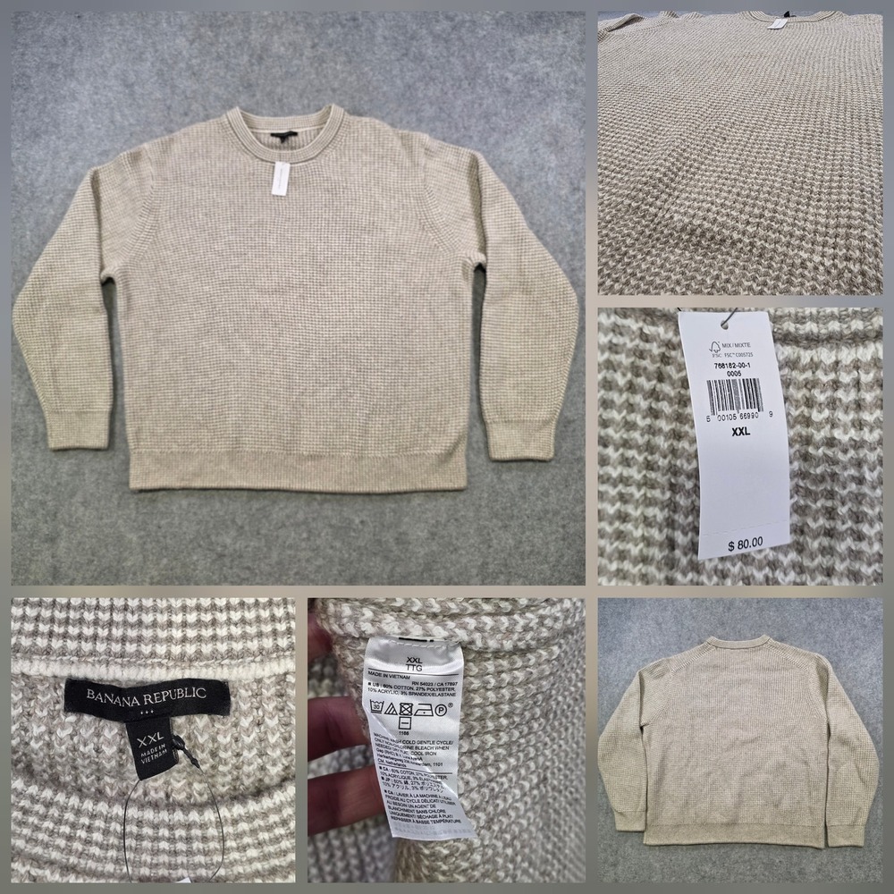 Banana Republic Sweater Mens 2XL Beige Waffle Knit Crewneck Pullover NWT